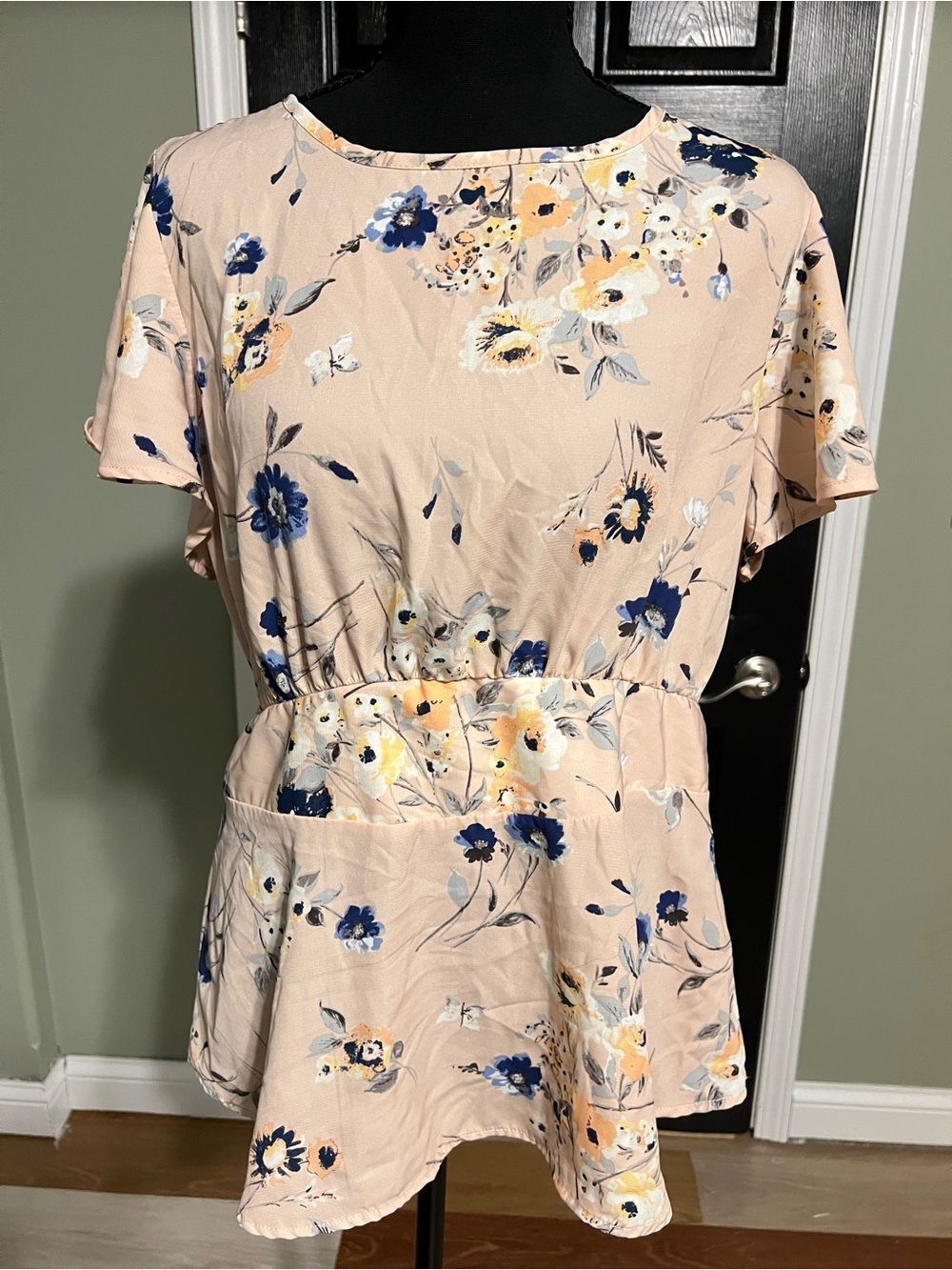 Floral Peplum Blouse in Blush with Blue Accents